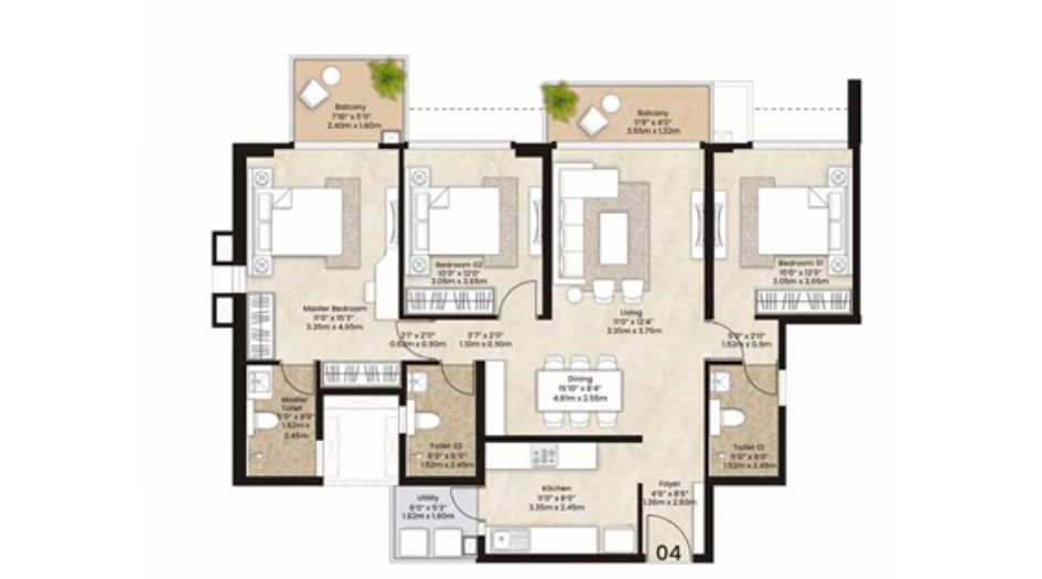 Mahindra- Citadel-Floor-Plan-3BHK-1158sqft